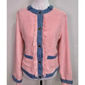 Outer Edge Pink Tweed Jacket Denim Trim Fringe Detail Size M